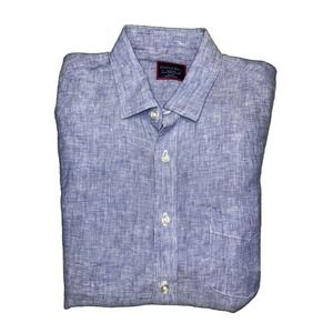 UNTUCKit Short Sleeve Button Up Shirt Mens M 100% Linen Blue Chambray Casual
